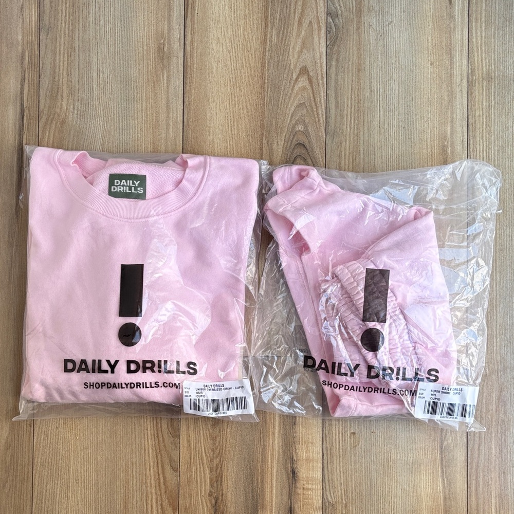 NWT Daily Drills CUPID Pink Unisex Oversized Crew & Super Shorts Set XS/S & M/L